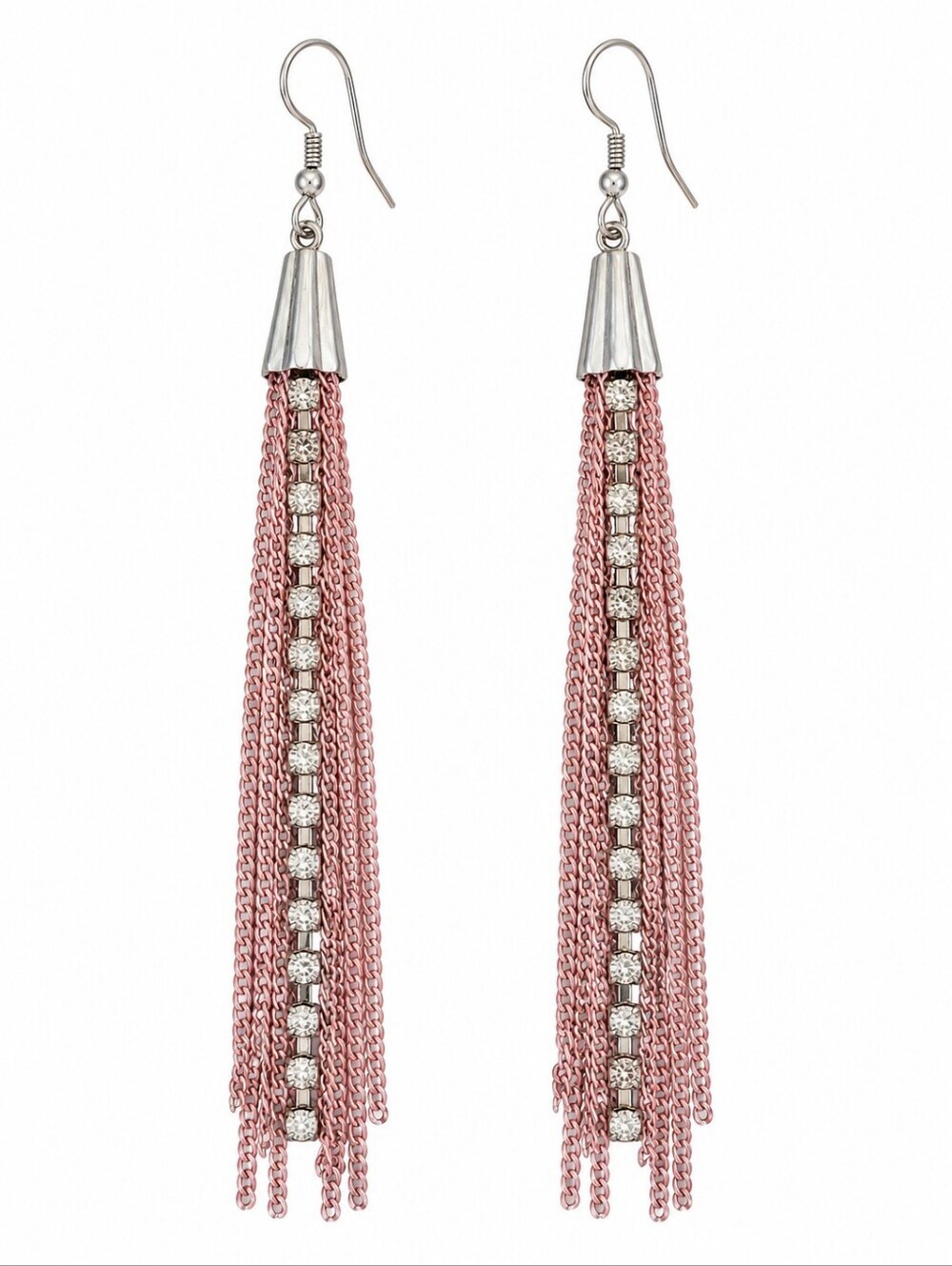 Vintage Pink Blush Chain Tassel Drop Earrings with Crystal Accents